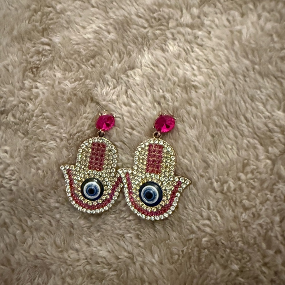 Gold and Pink Hamsa Evil Eye Drop Earrings